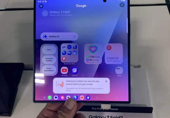 Samsung Galaxy Z Fold7 unfolded display demo unit in retail store