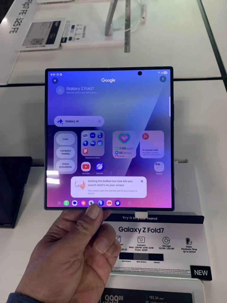 Samsung Galaxy Z Fold7 unfolded display demo unit in retail store