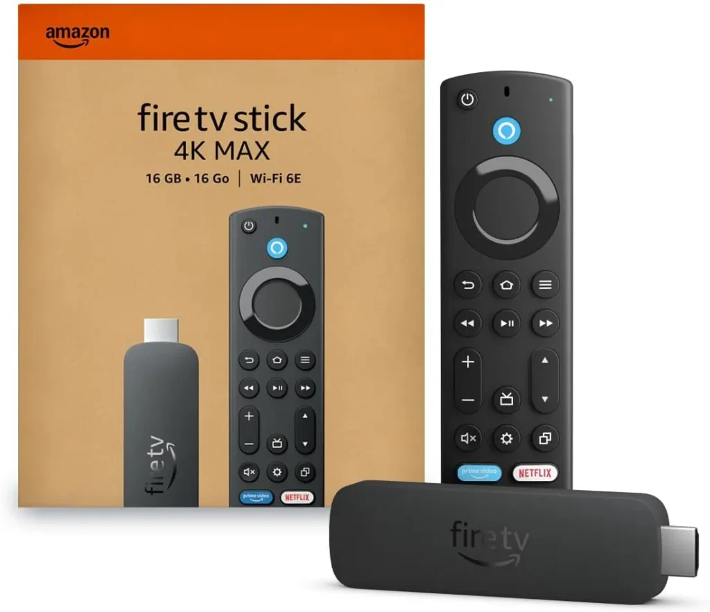 Amazon Fire TV Stick 4K Max streaming device with 16GB storage and Wi-Fi 6E support, remote control, and Netflix branding.
