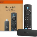 Amazon Fire TV Stick 4K Max streaming device with 16GB storage and Wi-Fi 6E support, remote control, and Netflix branding.