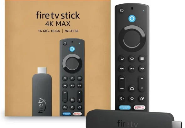 Amazon Fire TV Stick 4K Max streaming device with 16GB storage and Wi-Fi 6E support, remote control, and Netflix branding.