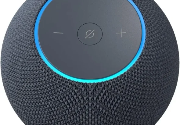 Amazon Echo Dot Max smart speaker with Alexa in charcoal color showing LED light ring