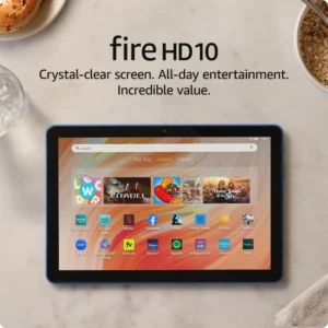 Amazon Fire HD 10 tablet home screen displaying app icons for Netflix, Prime Video, and Facebook on a vibrant ocean blue device.