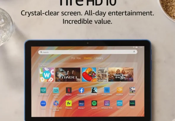 Amazon Fire HD 10 tablet home screen displaying app icons for Netflix, Prime Video, and Facebook on a vibrant ocean blue device.