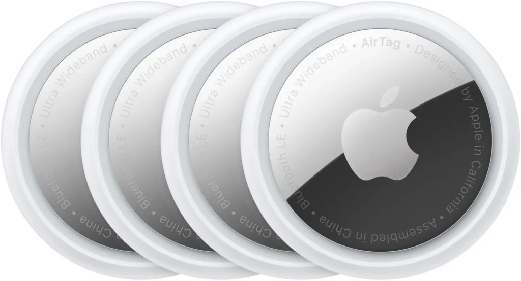 Apple AirTag 4 Pack Bluetooth item tracker with Find My network in white circular design