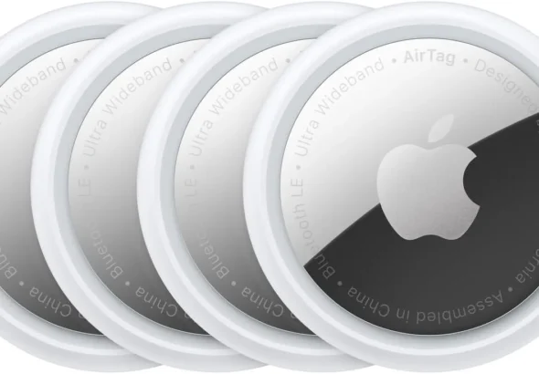 Apple AirTag 4 Pack Bluetooth item tracker with Find My network in white circular design