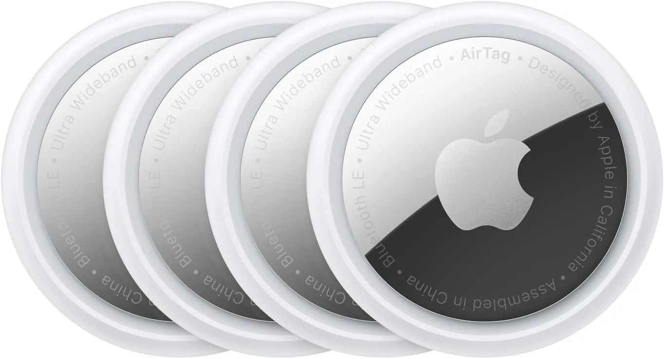 Apple AirTag 4 Pack Bluetooth item tracker with Find My network in white circular design