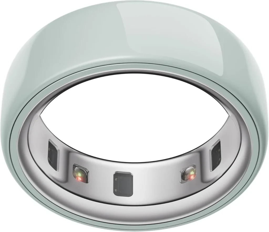 Oura Ring Gen 4 smart ring in silver and soft green finish with inner health sensors and LED indicators.