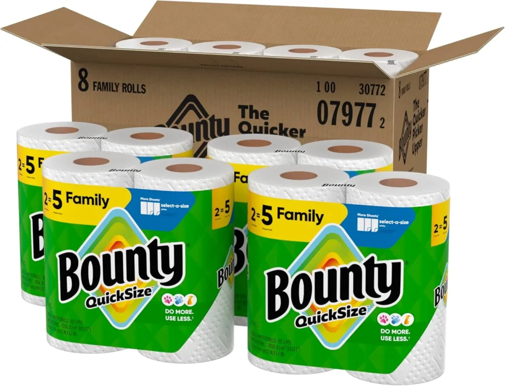 Bounty Quick Size white paper towels 8 family rolls pack with open shipping box in background
