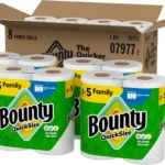 Bounty Quick Size white paper towels 8 family rolls pack with open shipping box in background