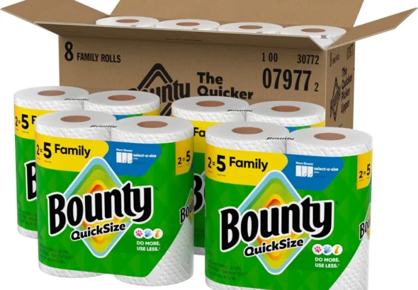 Bounty Quick Size white paper towels 8 family rolls pack with open shipping box in background