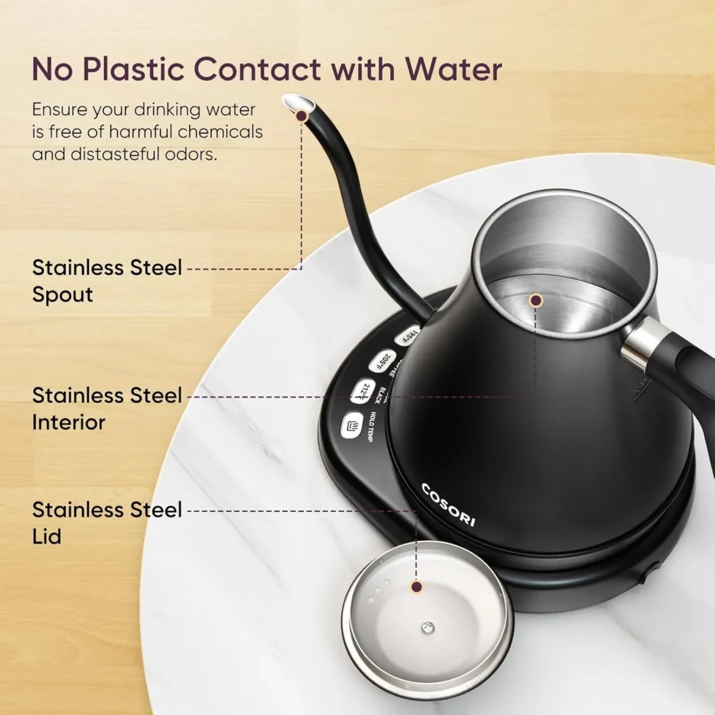 Cosori stainless steel gooseneck kettle with "No Plastic Contact with Water" guarantee, featuring stainless steel spout and interior.