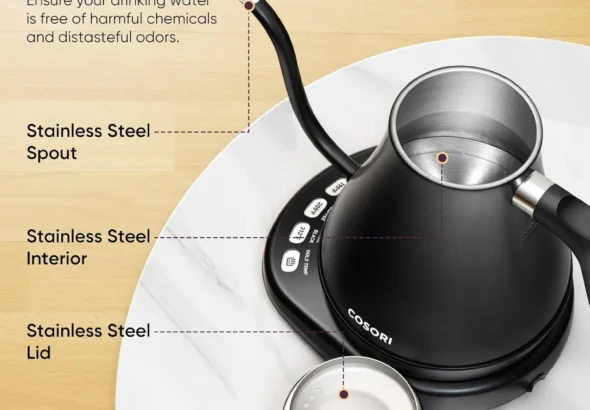 Cosori stainless steel gooseneck kettle with "No Plastic Contact with Water" guarantee, featuring stainless steel spout and interior.