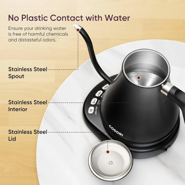 Cosori stainless steel gooseneck kettle with "No Plastic Contact with Water" guarantee, featuring stainless steel spout and interior.