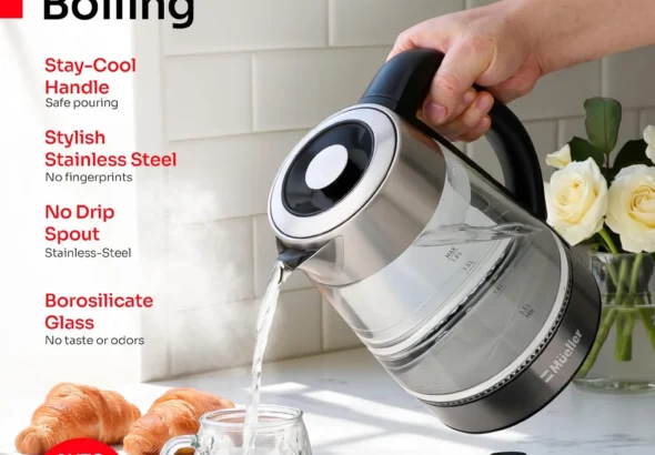 Cosori stainless steel tea kettle with borosilicate glass, stay-cool handle, no-drip spout, and auto shut-off features.