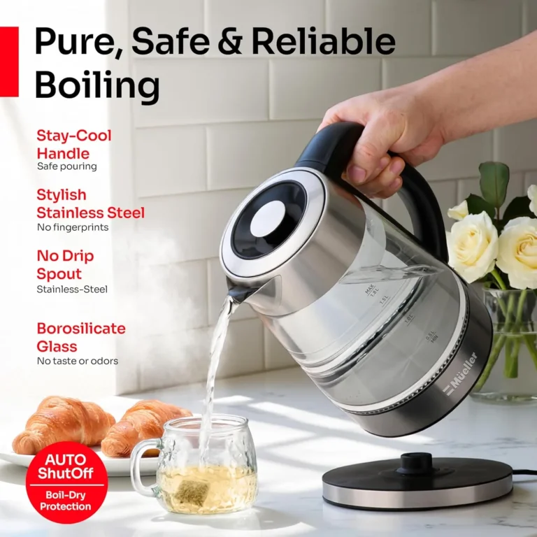 Cosori stainless steel tea kettle with borosilicate glass, stay-cool handle, no-drip spout, and auto shut-off features.