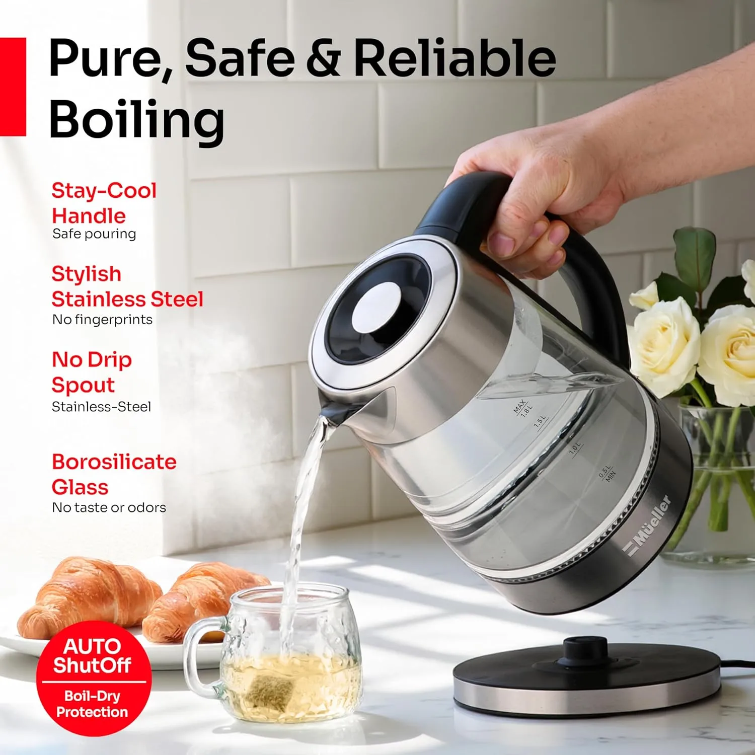 Cosori stainless steel tea kettle with borosilicate glass, stay-cool handle, no-drip spout, and auto shut-off features.