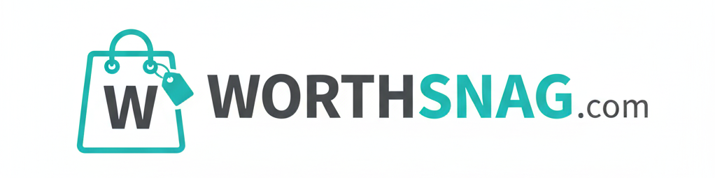 Professional horizontal logo for WorthSnag.com featuring a teal shopping bag icon with a 'W' inside, followed by the text 'WORTHSNAG' in charcoal and teal sans-serif typography.