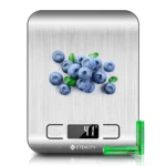 Etekcity digital kitchen food scale with stainless steel surface measuring blueberries in grams on LCD display