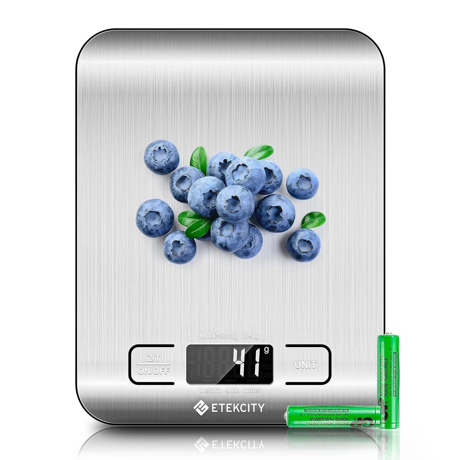 Etekcity digital kitchen food scale with stainless steel surface measuring blueberries in grams on LCD display