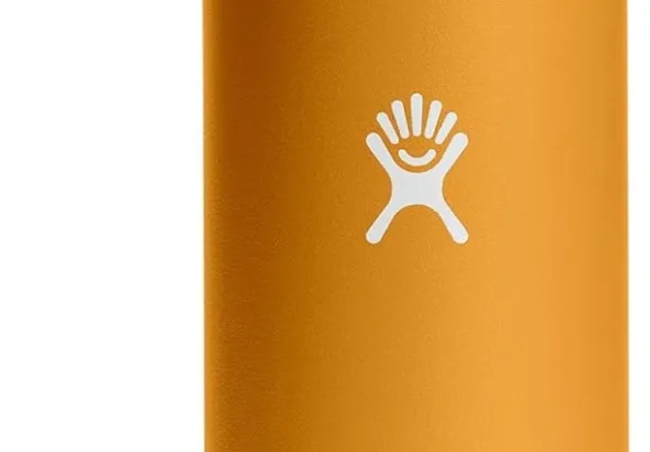 Orange Hydro Flask Flex Sip insulated stainless steel water bottle with black lid and carry handle on a white background.