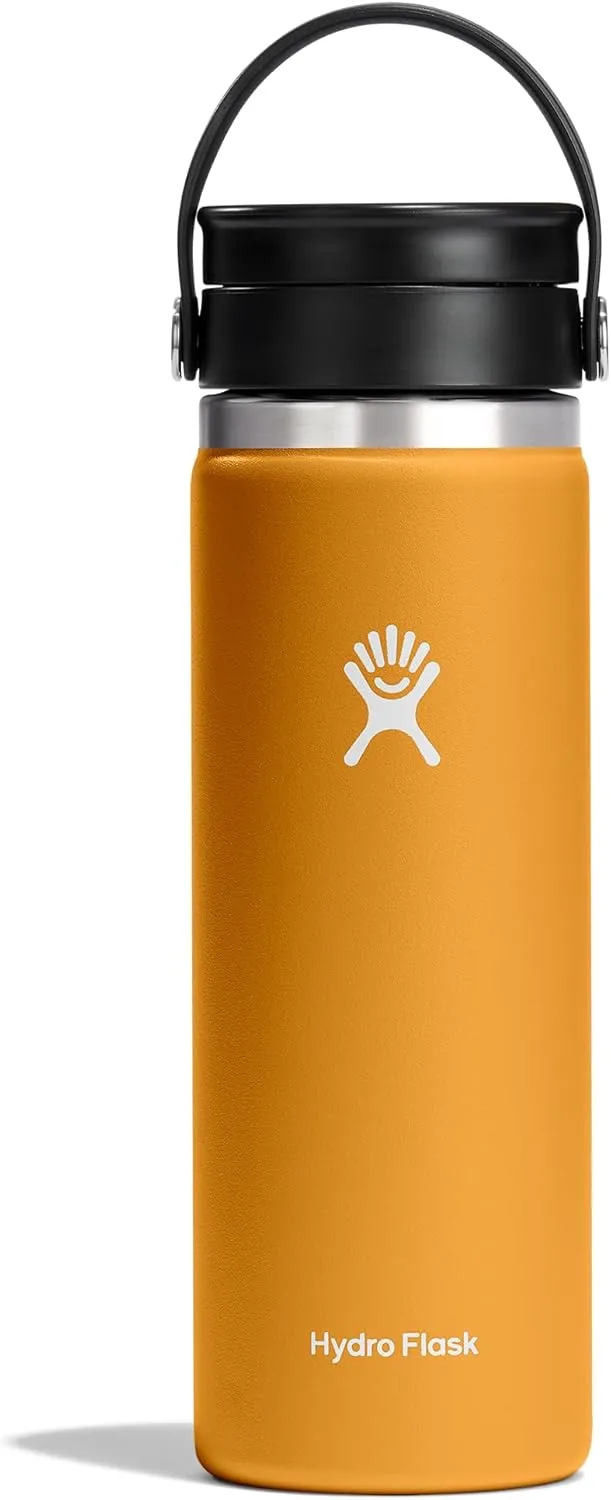 Orange Hydro Flask Flex Sip insulated stainless steel water bottle with black lid and carry handle on a white background.