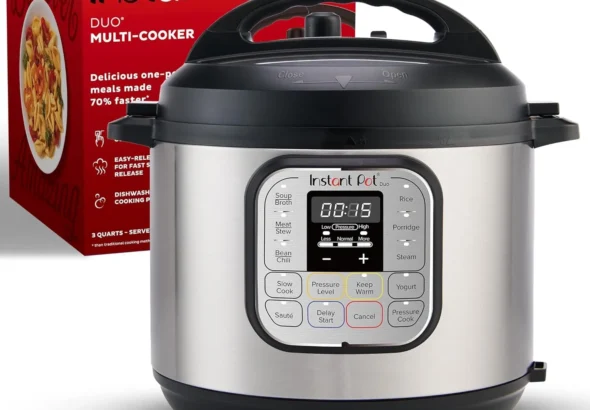 Control panel of an Instant Pot DUO 7-in-1 pressure cooker. Display screen shows "00:15" with buttons for Soup, Meat, Bean/Chili, Steam, Slow Cook, Yogurt, Saute, and Pressure Cook.