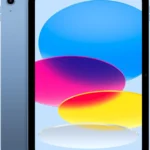 Blue tablet with a colorful abstract display shown from the front and back.