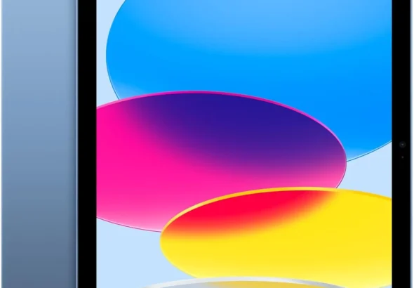 Blue tablet with a colorful abstract display shown from the front and back.