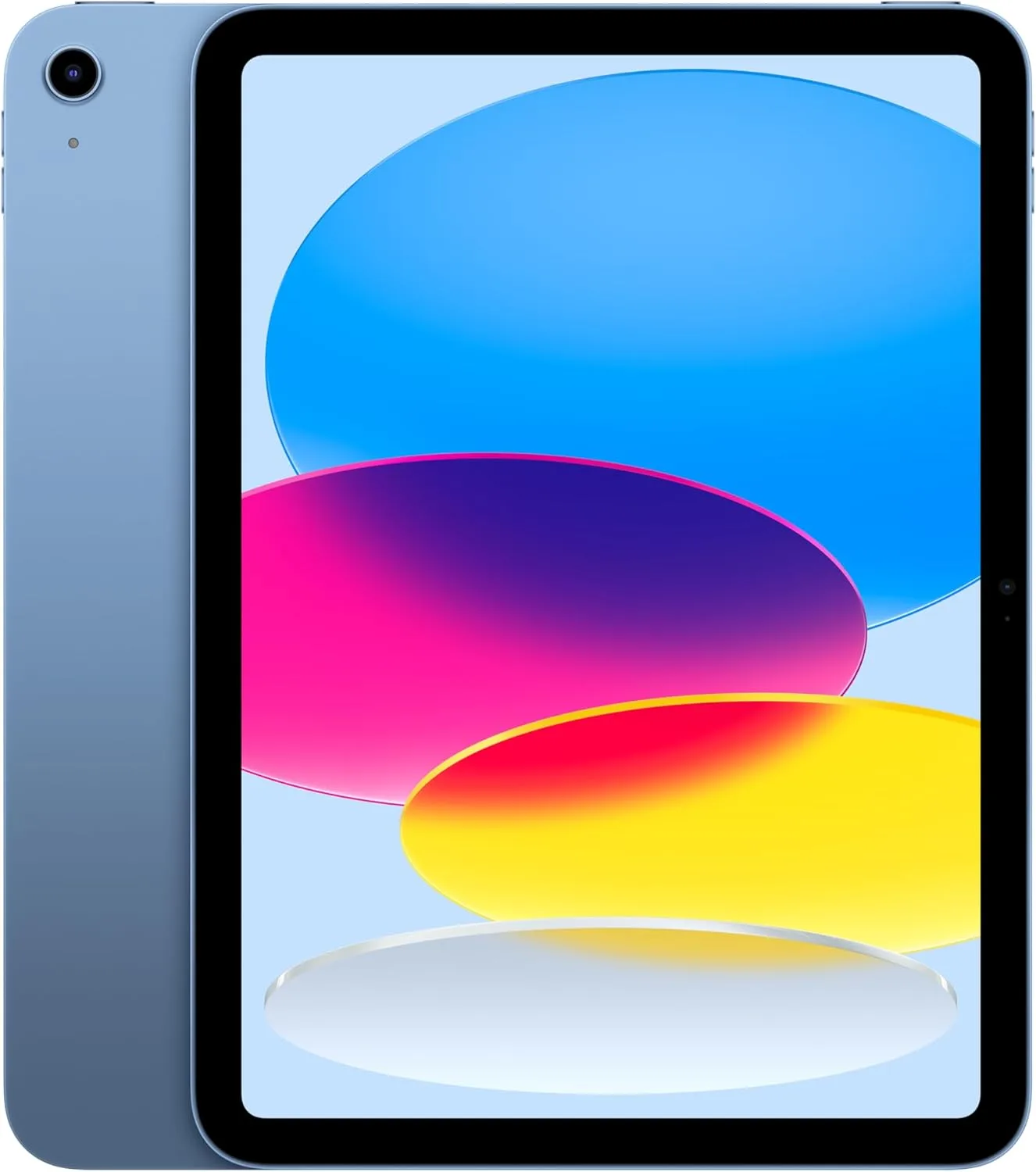 Blue tablet with a colorful abstract display shown from the front and back.