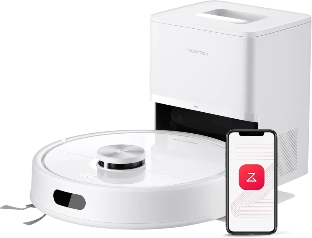 Roborock robot vacuum with self-empty dock and smartphone app control in white