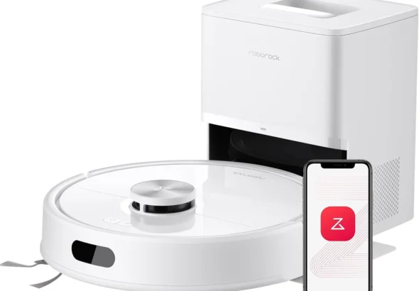 Roborock robot vacuum with self-empty dock and smartphone app control in white