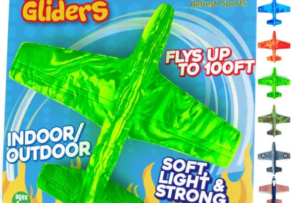Bright green foam mini glider airplane toy on packaging labeled “Mini Gliders,” suitable for indoor and outdoor play, flies up to 100 ft, ages 4 and up