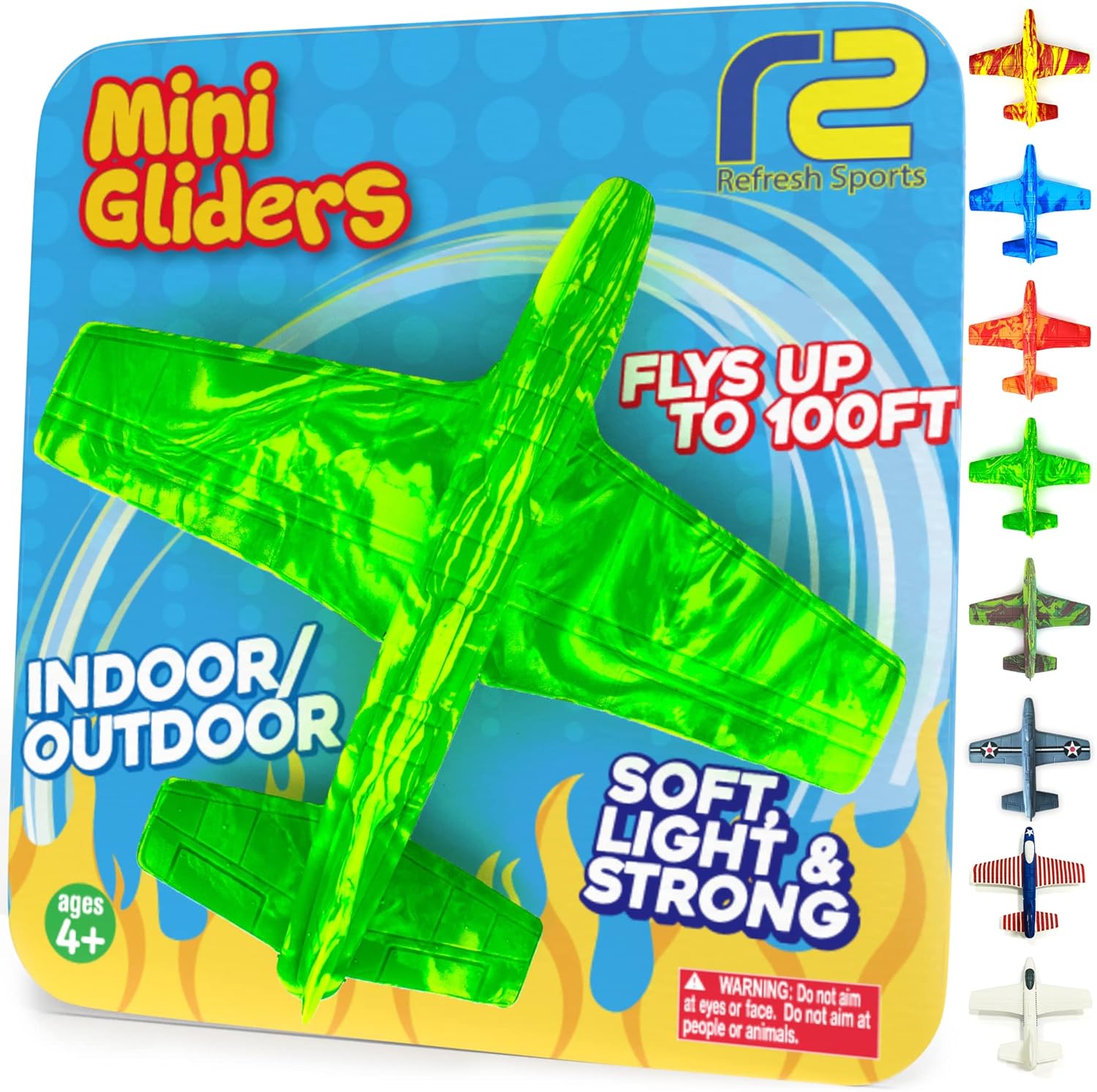 Bright green foam mini glider airplane toy on packaging labeled “Mini Gliders,” suitable for indoor and outdoor play, flies up to 100 ft, ages 4 and up