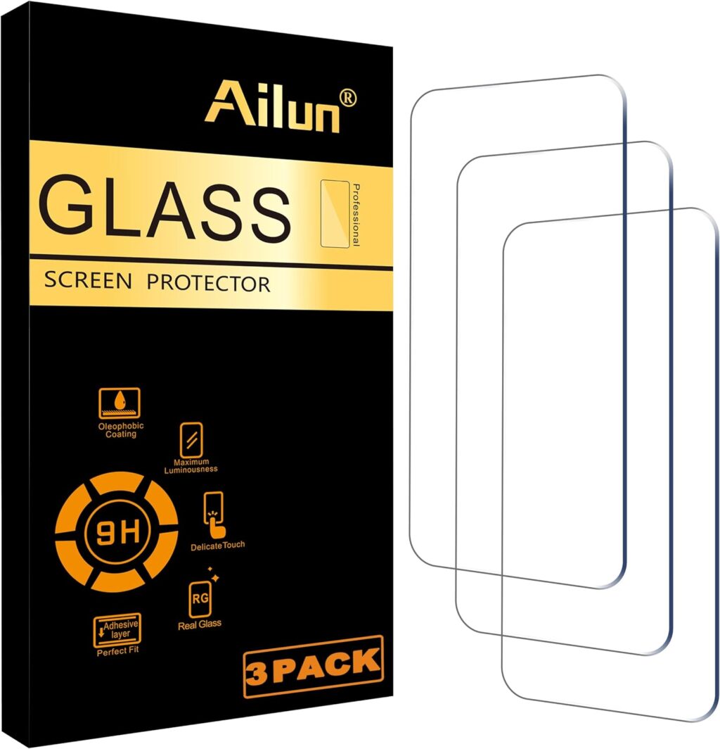 Ailun tempered glass screen protector 3 pack with 9H hardness and oleophobic coating for maximum scratch protection