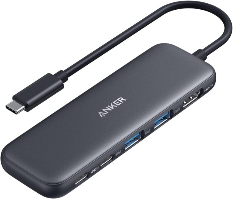 Anker 5-in-1 USB-C hub with HDMI 4K output, powered USB-C port, and dual USB-A 3.0 ports for MacBook Pro, MacBook Air, Dell laptops