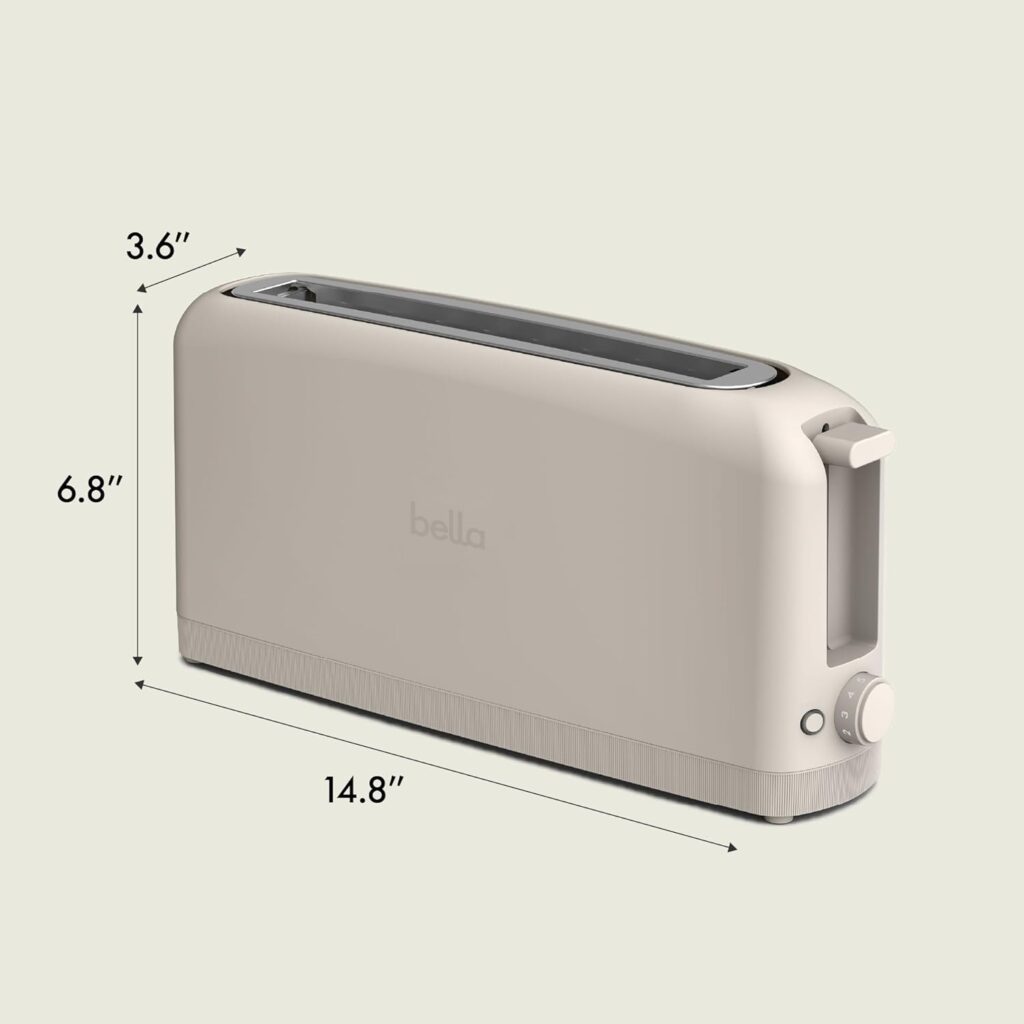 Beige Bella 2 Slice Slim Toaster showing dimensions of 14.8 inches length, 6.8 inches height, and 3.6 inches width with extra-long slot design for artisan bread.