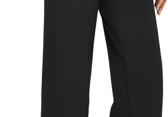 Women’s black wide-leg yoga pants with high waist and side pockets, stretchy casual lounge pants for yoga, travel, and everyday wear.