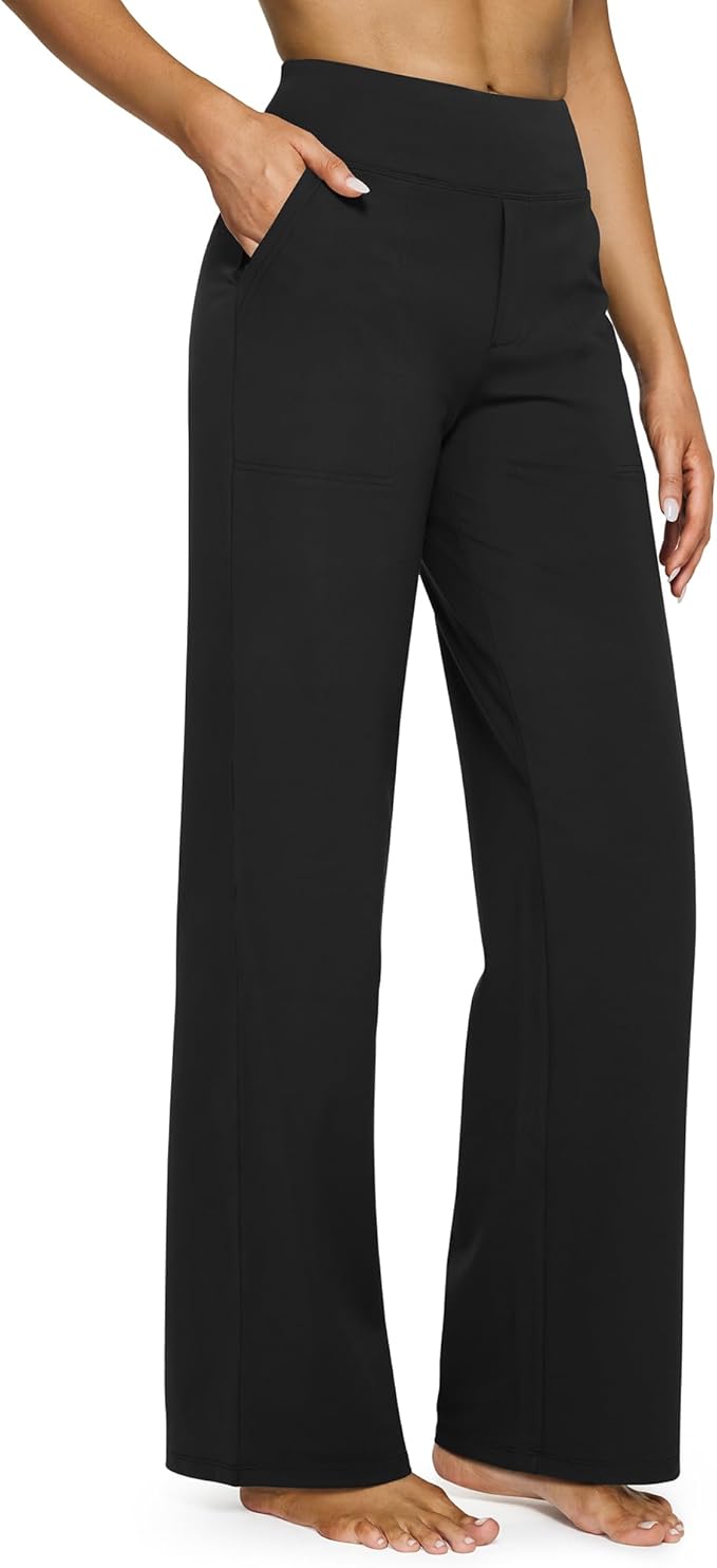 Women’s black wide-leg yoga pants with high waist and side pockets, stretchy casual lounge pants for yoga, travel, and everyday wear.