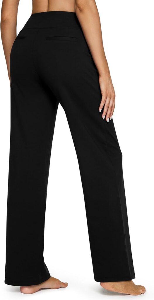 Back view of G4Free EverGoing Yoga Pants Women Wide Leg Pants with Pockets High Waist Stretch Dress Casual Sweatpants in black, featuring a high-waist fit, wide-leg design, and rear pockets for comfortable casual or yoga wear.