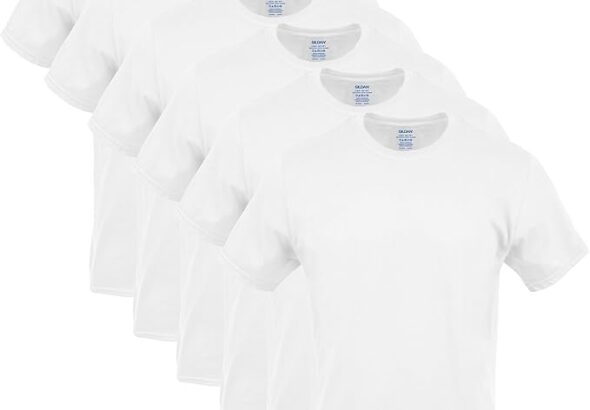 Gildan G1100 Ultra Cotton Tshirt in multiple colors stacked neatly on white background