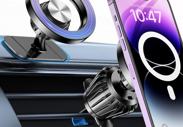 Magnetic MagSafe car phone mount with strong magnets attached to a dashboard holding an iPhone securely while driving