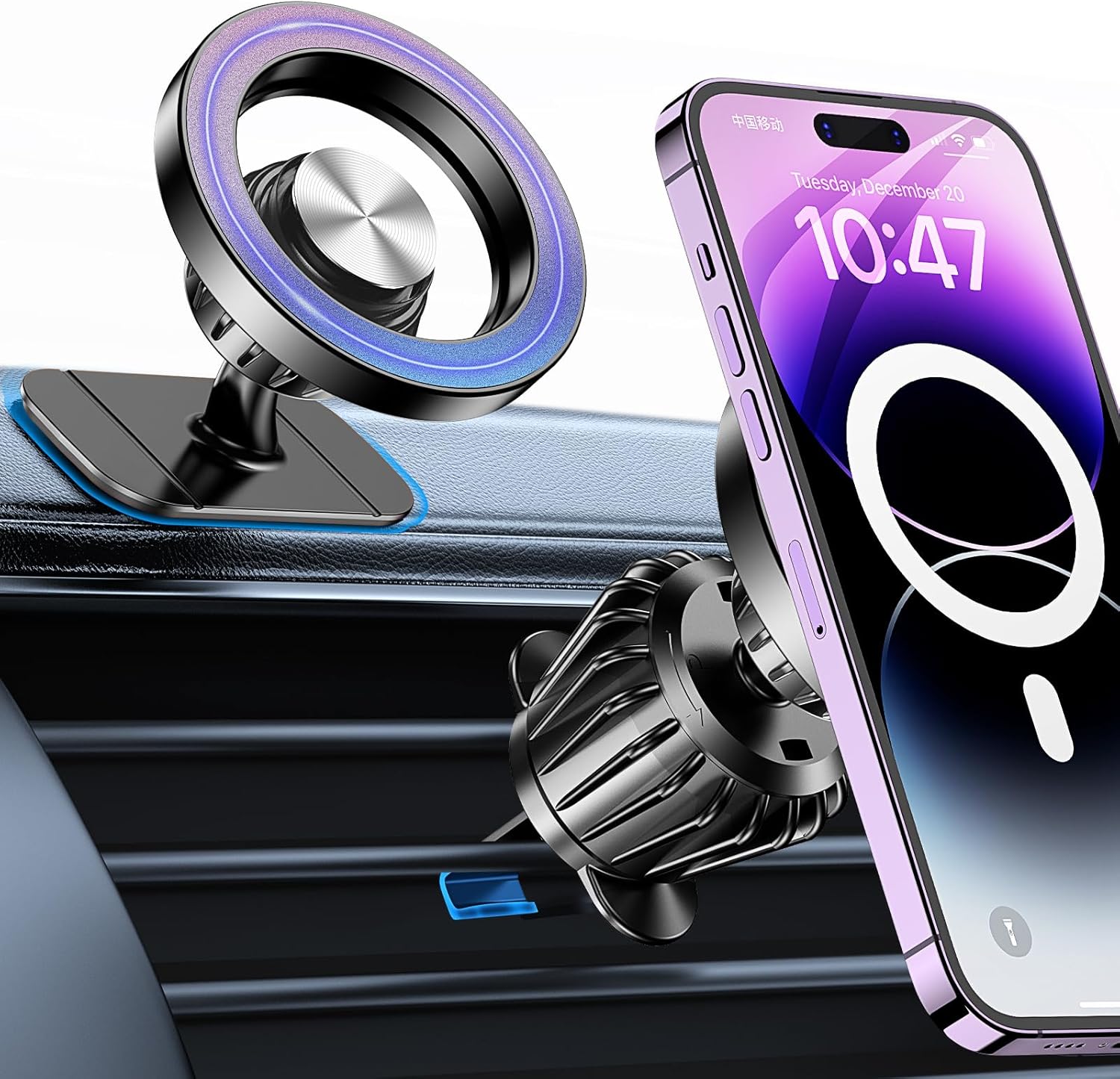 Magnetic MagSafe car phone mount with strong magnets attached to a dashboard holding an iPhone securely while driving