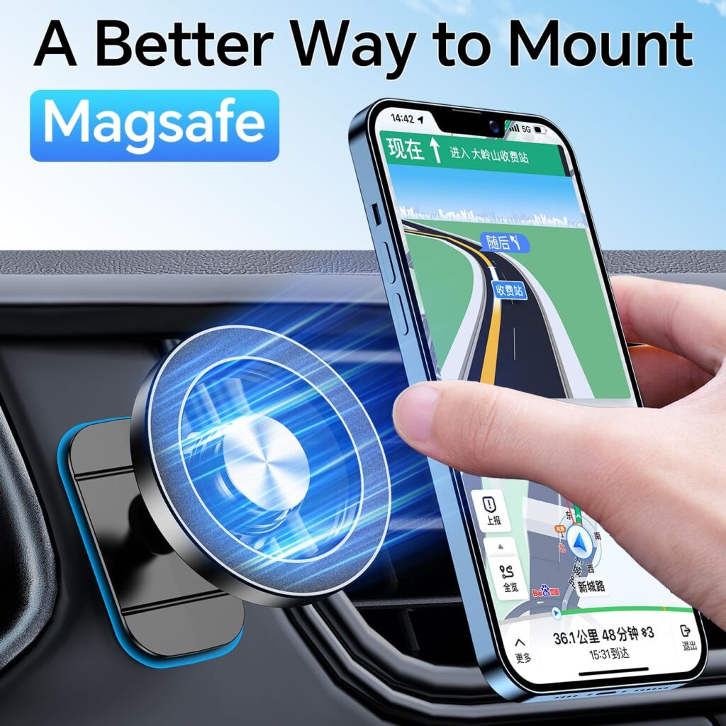 Kaistyle for MagSafe Car Mount magnetic car phone holder with strong MagSafe magnets mounted on a dashboard holding an iPhone for navigation while driving.