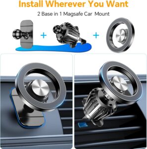 Kaistyle for MagSafe Car Mount 2-in-1 MagSafe car phone holder showing dashboard adhesive mount and air vent clip installation options for iPhone.