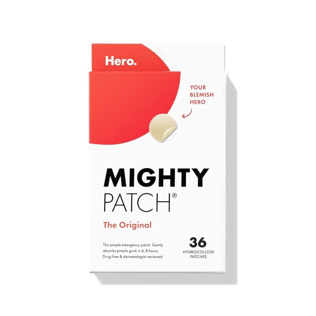 Box of Hero Mighty Patch Original hydrocolloid acne pimple patches, showing a small beige circular patch and text indicating 36 patches.