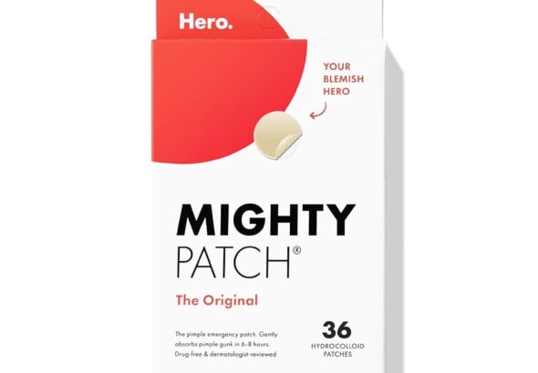 Box of Hero Mighty Patch Original hydrocolloid acne pimple patches, showing a small beige circular patch and text indicating 36 patches.
