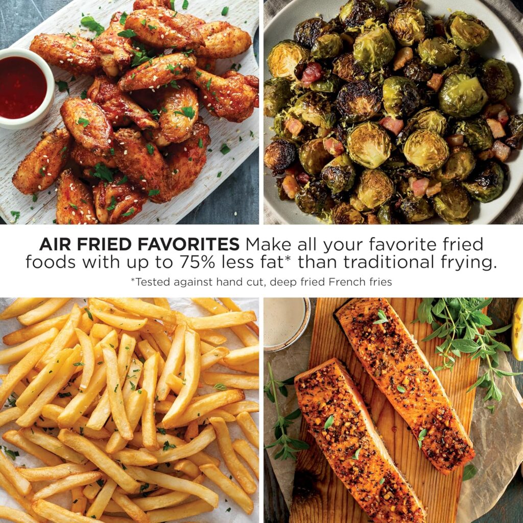 Collage of air-fried foods including crispy chicken wings with dipping sauce, roasted Brussels sprouts with bacon, golden French fries, and seasoned salmon fillets.