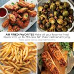 Collage of air-fried foods including crispy chicken wings with dipping sauce, roasted Brussels sprouts with bacon, golden French fries, and seasoned salmon fillets.