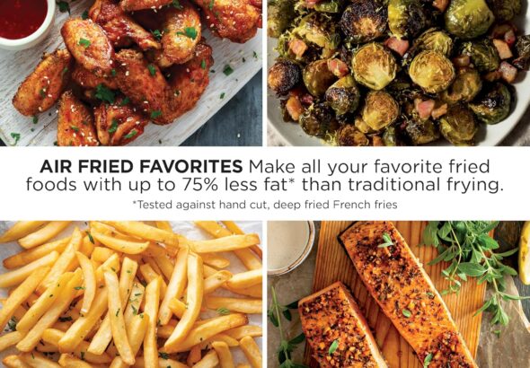 Collage of air-fried foods including crispy chicken wings with dipping sauce, roasted Brussels sprouts with bacon, golden French fries, and seasoned salmon fillets.